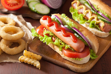 hotdog with ketchup mustard vegetables and french fries