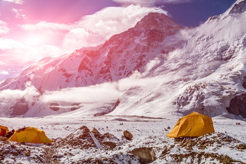 High Altitude Mountains and Orange Tents