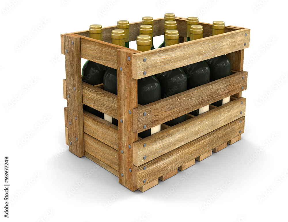 Poster wooden boxes with wine bottles. image with clipping path