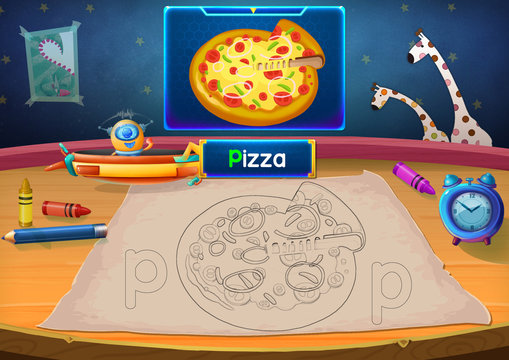 Illustration: Martian Class: P - Pizza. The Martian in this picture opens a class for all Aliens. You must follow and use crayons coloring the outlines below. Fantastic Sci-Fi Cartoon Scene Design.