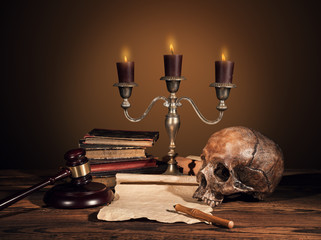 Still life art photography on human skull skeleton