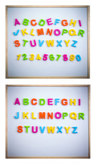 Set of a English alphabet made of plastic letters and numbers on a magnetic board
