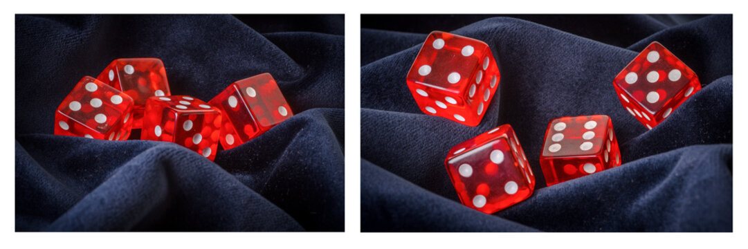 Set of a red dice on a blue velvet background
