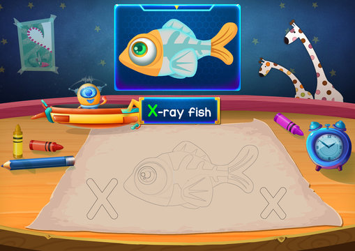 Illustration: Martian Class: X - X-ray fish. The Martian in the picture opens a class for all Aliens. You must follow and use crayons coloring the outlines below. Fantastic Sci-Fi Cartoon Scene Design
