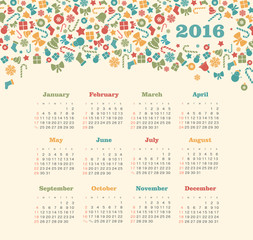 Calendar for 2016 with Christmas pattern