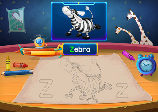 Illustration: Martian Class: Z - Zebra. The Martian in this picture opens a class for all Aliens. You must follow and use crayons coloring the outlines below. Fantastic Sci-Fi Cartoon Scene Design.
