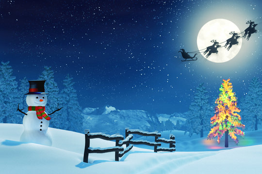 A snowman in a moonlit snowy Christmas landscape at night