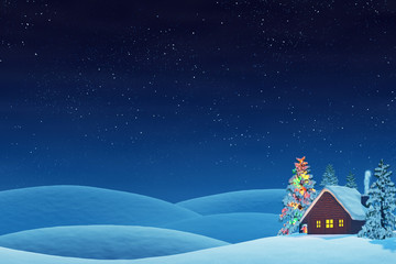 Cabin and Christmas tree in rolling winter landscape at night