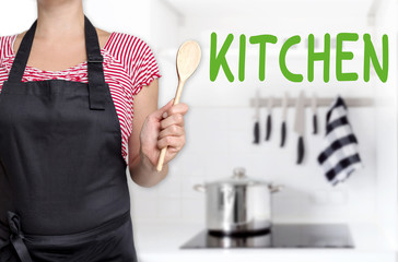 kitchen cook holding wooden spoon background concept