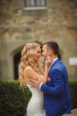 Fototapeta premium Beautiful wedding couple, happy bride and groom in nature.