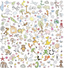 Fototapeta na wymiar Children's drawings of doodle family, animals, people, flowers 