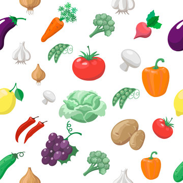Vegetables and fruits seamless pattern. Radishes with eggplant
