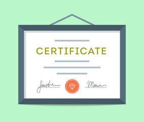 Flat design framed certificate hanging on the wall