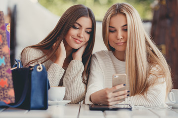 Two young women at cafe looking at pictures of new gadgets