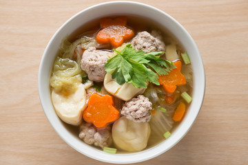 Clear Soup with Vegetables and Meatballs. Top view.