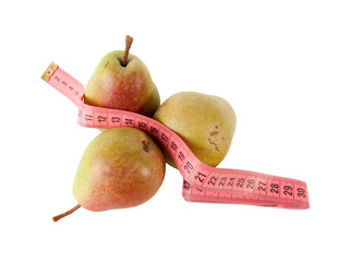 Fresh pears and measuring tape isolated on white. 