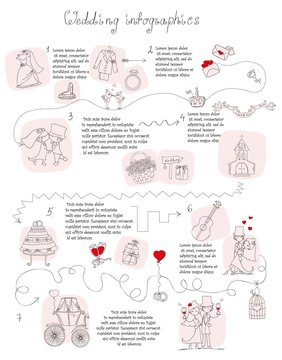 Doodle wedding infographics for invitation cards, including template design decorative elements - flowers, bride, groom, church, hearts 