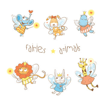 Cartoon fairies animals set. Vector image.