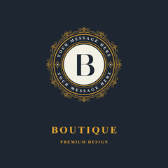 Naklejka premium Monogram design elements, graceful template. Elegant line art logo design. Emblem Letter B. Retro Vintage Insignia or Logotype. Business sign, identity, label, badge, Cafe, Hotel. Vector illustration
