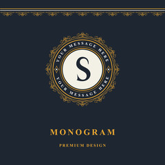 Monogram design elements, graceful template. Elegant line art logo design. Emblem Letter S. Retro Vintage Insignia or Logotype. Business sign, identity, label, badge, Cafe, Hotel. Vector illustration