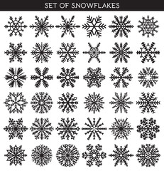 Set 36 black different snowflakes of handmade for design