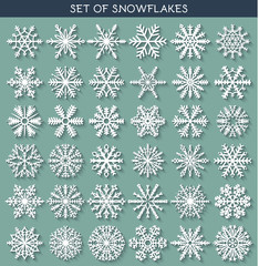 Set 36 white different snowflakes handmade with long shadow