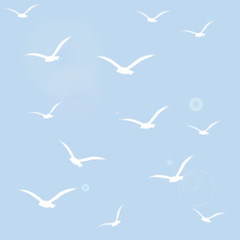 Fototapeta premium Seamless pattern with white birds silhouettes on she blue sunny sky. Vintage background. Light texture. Vector illustration. 