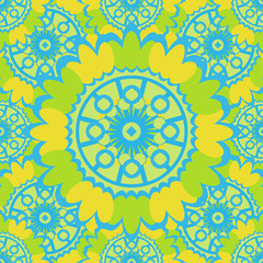 Bright abstract seamless pattern with round ornamental elements. Vector green background.