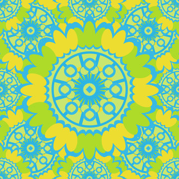Bright abstract seamless pattern with round ornamental elements. Vector green background.