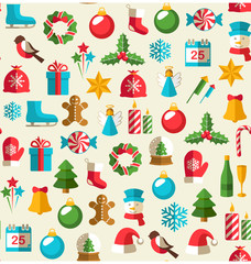 Obraz na płótnie Canvas Seamless Winter Pattern with Christmas Flat Icons Isolated on Be