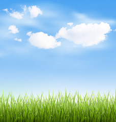 Fototapeta na wymiar Green grass lawn with clouds on blue sky