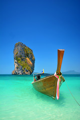 Longtale boats at the beautiful beach, Krabi, Thailand - obrazy, fototapety, plakaty