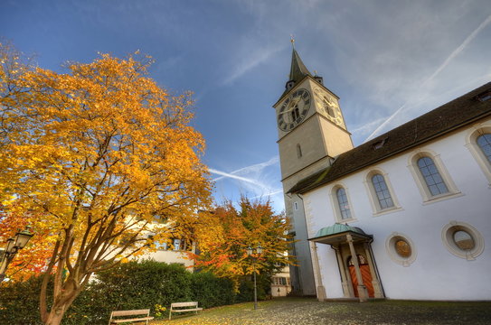 Church In Zurich, Switzerland At Autumn