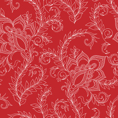 Henna Mehendi Doodles Seamless Pattern on a red background