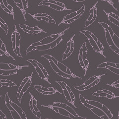 Pink feathers on grey background. Seamless vector pattern.
