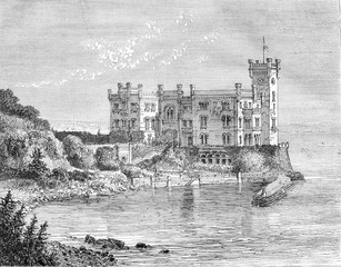 The Castle of Miramar, in the Gulf of Trieste, vintage engraving