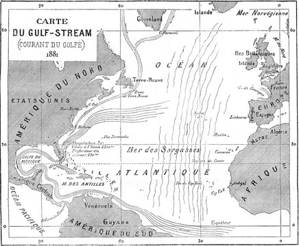 Map Of Gulf Stream, Vintage Engraving.