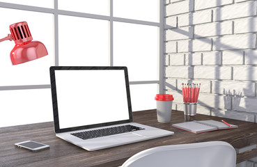 3D illustration laptop and work stuff on table near brick wall