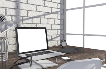 3D illustration laptop and work stuff on table near brick wall
