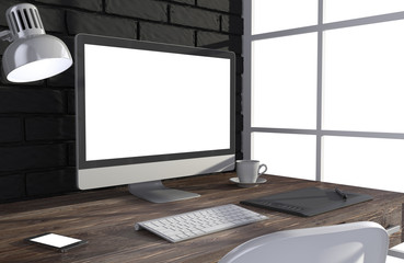 Fototapeta premium 3D illustration PC screen on table in office, Workspace