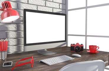 3D illustration PC screen on table in office, Workspace