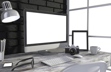 Fototapeta premium 3D illustration PC screen on table in office, Workspace