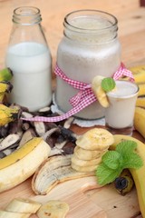Ripe banana and smoothie banana with milk.