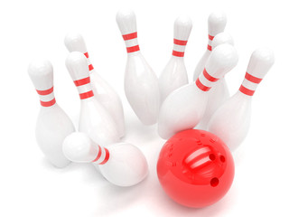 Bowling ball and skittles isolated