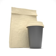 Coffee to go and lunch bag, on white.