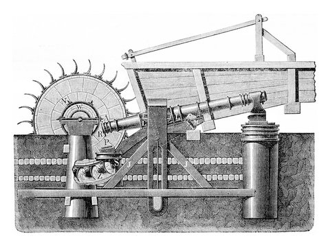 Martinet Styrian driven by a water wheel, vintage engraving.