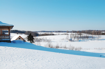 Panoramic views of the snow-covered fields and forests, Russia