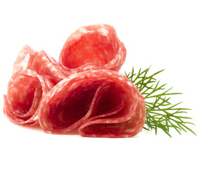 Salami sausage slices isolated on white background cutout