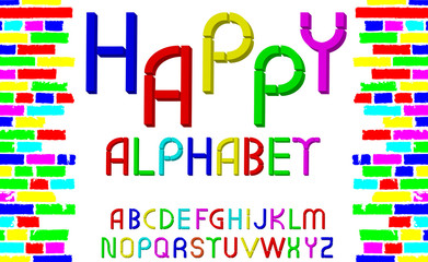 Vector tridimensional decorative multicolor font "Happy alphabet" on white background. Vector illustration