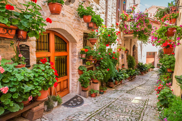 Street in small town in Italy in summer, Umbria - obrazy, fototapety, plakaty